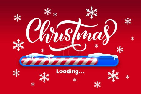 Illustration for Christmas loading bar with candy cane slider, snowdrifts and falling snowflakes. Holiday vector Xmas or New Year load countdown on red background. Winter eve coming soon greeting card or web design - Royalty Free Image