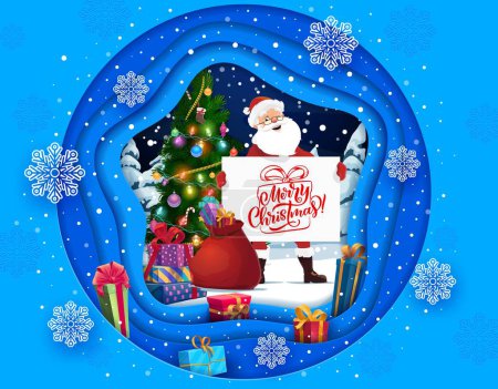 Winter christmas paper cut santa with banner. Vector funny noel in night forest landscape. 3d double exposition frame, greeting card with gifts and cartoon xmas personage near decorated pine tree