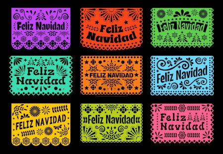 Illustration for Feliz navidad paper cut mexican holiday banners, papel picado flags. Mexico Feliz Navidad holiday celebration, Latin America Merry Christmas greeting vector garlands, papercut flags or banners - Royalty Free Image