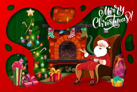 Illustration for Christmas paper cut interior, Santa in chair near fireplace. Vector greeting card with 3d layered frame double exposition, Father Noel relax on armchair at home in festive night. Xmas eve celebration - Royalty Free Image