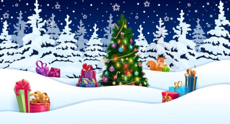 Téléchargez les illustrations : Papier de Noël d'hiver paysage coupé avec des cadeaux sur la neige et l'arbre de vacances. Fête du Nouvel An fond vectoriel 3d avec pin décoré, cadeaux de Noël dans la neige et mignon personnage de dessin animé écureuil - en licence libre de droit