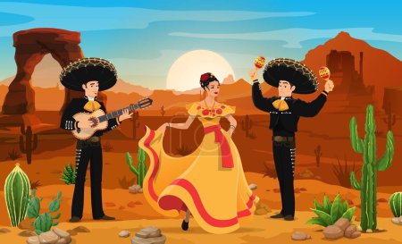 Ilustración de Músicos mexicanos de mariachi y bailarina en el paisaje desértico. Motivo de la cultura mexicana fondo vectorial con personajes de dibujos animados de bailarines y músicos flamencos tocando la guitarra y las maracas en el desierto - Imagen libre de derechos