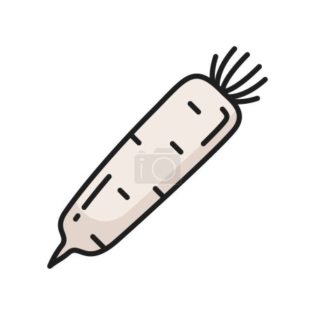 Illustration for Raw vegetable white radish isolated daikon vegetable root color line icon. Vector horseradish rhizome plant, fresh veggie with stem - Royalty Free Image