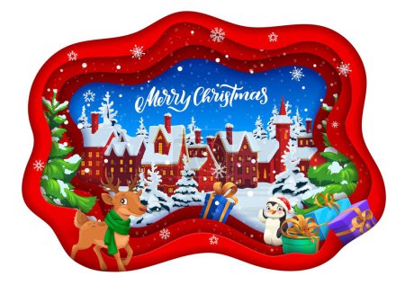 Illustration for Cartoon paper cut winter town landscape and reindeer with penguin characters. Vector double exposition 3d effect frame with countryside cityscape eve scene with houses under snowfall and cute animals - Royalty Free Image