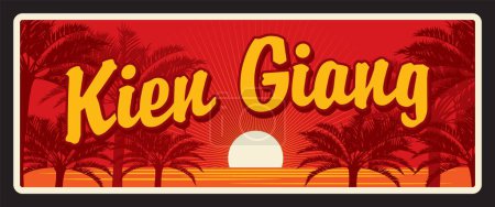 Illustration for Kien Giang Vietnamese province landscape. Vector travel plate, vintage tin sign, retro vacation postcard or journey signboard. Vietnam territory tourist card or plaque with sunset beach - Royalty Free Image
