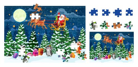 Téléchargez les illustrations : Puzzle de Noël pièces de jeu de puzzle. Feuille de calcul éducative vectorielle de bande dessinée pour les enfants d'âge préscolaire avec le Père Noël drôle chevauchant traîneau de cerfs sur la forêt de fantaisie de nuit avec des cadeaux sur la neige et les animaux - en licence libre de droit