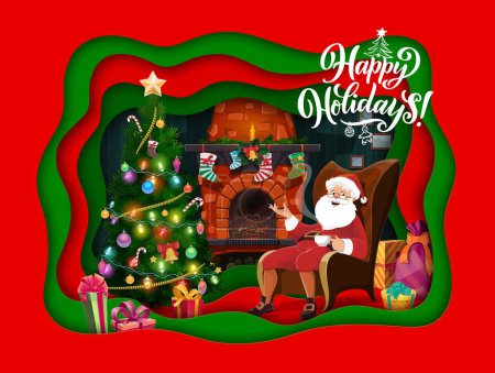 Téléchargez les illustrations : Cartoon Santa dans la chaise près de pin de vacances. Carte de voeux coupée en papier de Noël. Vecteur 3d Noël fête cadre stratifié avec Saint-Nicolas se détendre à la maison près de la cheminée lors de la nuit festive - en licence libre de droit
