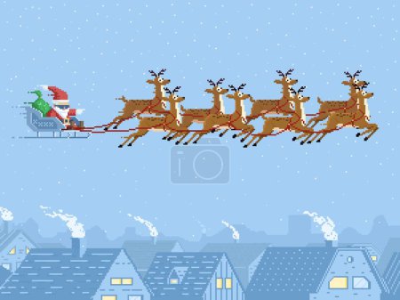 Téléchargez les illustrations : Pixel Santa sur traîneau avec des rennes volant dans le ciel, Noël vecteur de vacances 8 fond bit. Cartoon pixel Père Noël avec sac cadeau sur traîneau et cerf sur la ville de village de vacances dans la neige d'hiver - en licence libre de droit