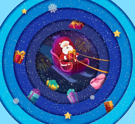 Illustration for Cartoon christmas paper cut card with snowflakes and Santa on sleigh. Vector greeting card with 3d effect double exposition round frame, Noel in sled at snowy sky with fireworks at holiday eve night - Royalty Free Image