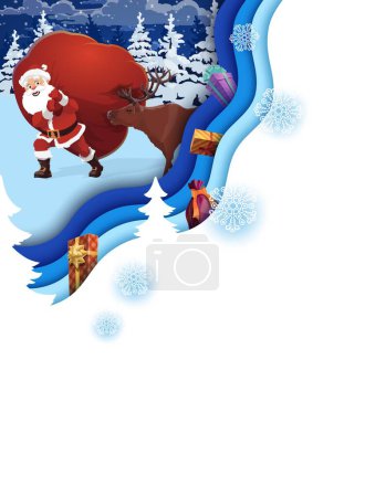 Téléchargez les illustrations : Papier de Noël affiche de coupe, Père Noël avec sac cadeau dans la forêt d'hiver. Modèle vectoriel de couverture de Noël ou de carte de vœux avec effet en couches 3D. Bannière verticale vierge avec drôle Père Noel portant des cadeaux - en licence libre de droit