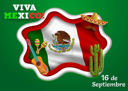 Illustration for Mexican Independence Day paper cut banner with national flag and sombrero. Viva Mexico holiday vector 3d papercut frame with mexican guitar, maracas, cactus, eagle and snake heraldic symbol of Mexico - Royalty Free Image