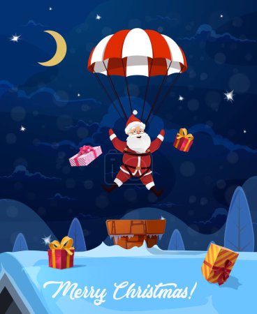 Illustration for Christmas Santa descends to roof on a parachute. Vector banner with funny Father Noel landing on cottage chimney with gift boxes scattered on snowy surface. Xmas holiday eve night festive card - Royalty Free Image
