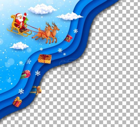 Téléchargez les illustrations : Papier de Noël coupé Père Noël joyeux sur traîneau et cadeaux de vacances. Modèle vectoriel avec effet stratifié de découpe de papier 3D, carte blanche avec père drôle Noel promenades traîneau dans le ciel avec chute de neige et nuages - en licence libre de droit