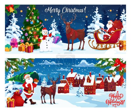 Illustration for Merry Christmas banners. Christmas celebration, Xmas holiday or winter season festive vector backdrop. New Year banner with Santa character in sleigh, reindeer and snowman in forest, snowy town houses - Royalty Free Image