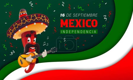Illustration for Mexico Independence Day paper cut banner with chili pepper and national flag waves, vector background. Chili pepper mariachi character in sombrero with guitar for Mexican Independence day holiday - Royalty Free Image