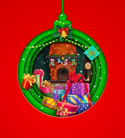 Illustration for Christmas paper cut bauble with presents and fireplace interior. Vector double exposition Xmas holiday papercut 3d effect frame in shape of toy with colorful gifts and traditional home with fire place - Royalty Free Image