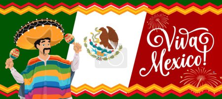 Illustration for Viva mexico banner with national mexican flag and mariachi character. Mexico country independence day celebration vector banner with mariachi musician in poncho and sombrero, playing on maracas - Royalty Free Image