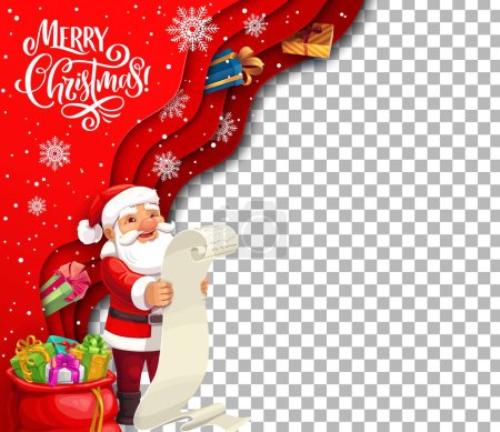 Illustration for Christmas paper cut card, cartoon Santa with wish list. Vector holiday blank template with 3d layered frame in wavy shape, present boxes and funny Father Noel reading long scroll with kids desires - Royalty Free Image
