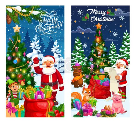 Téléchargez les illustrations : Bannières de Noël avec Père Noël, sacs cadeaux et sapin. Carte de vœux vectorielle avec le Père Noel debout près du sapin décoré avec des créatures fantaisistes comme elfe et des animaux drôles sous des flocons de neige tombant - en licence libre de droit