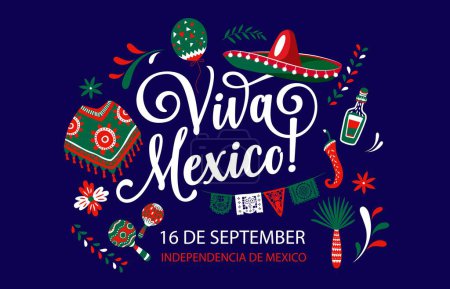 Téléchargez les illustrations : Viva Mexico, fête nationale mexicaine de l'indépendance. Bannière vectorielle avec sombrero, poncho, jalapeno, tequila, ballon, palmier et maracas. Carte de voeux pour le festival des vacances traditionnelles au Mexique - en licence libre de droit