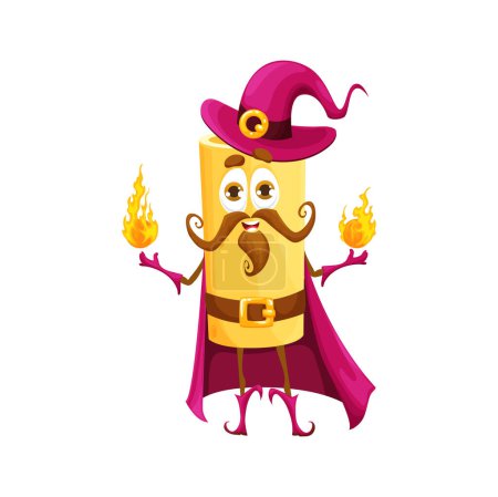 Illustration for Cartoon Halloween italian pasta wizard character with magic fires. Isolated vector rigatoni personage in robe and hat, conjuring up eerie and delightful spells for festive and spooky holiday night - Royalty Free Image