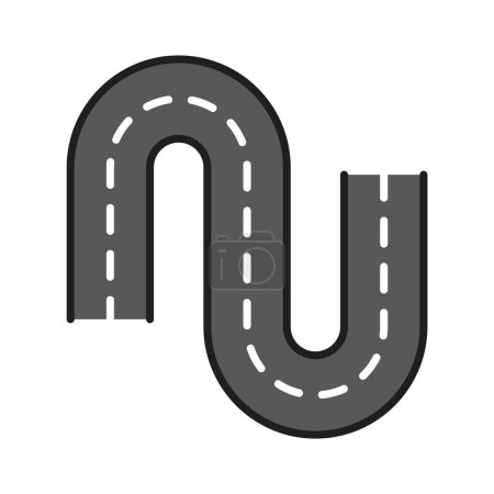 Illustration for Color highway road line icon. Traffic route, path or way vector outline sign of road trip, journey and travel. Winding asphalt highway top view with white center line marking strips and tight turns - Royalty Free Image