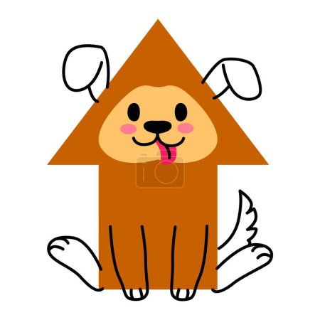 Illustration for Cartoon dog animal character with math shape. Arrow basic shape or math sticker, funny animal puppy basic isolated vector figure or school kid education brown dog geometric personage - Royalty Free Image