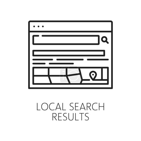 Ilustración de Resultados de búsqueda local, SERP icono de la página de resultados del motor de búsqueda en la web y la publicidad en Internet, vector de línea. Página web o sitio web de resultados de búsqueda local para SERP o marketing SEO en el icono del esquema - Imagen libre de derechos