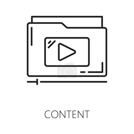 Illustration for Content. CDN. Content delivery network icon, web media technology, blog or internal portal file upload and update service, CDN thin line vector symbol or pictogram with computer folder and media files - Royalty Free Image