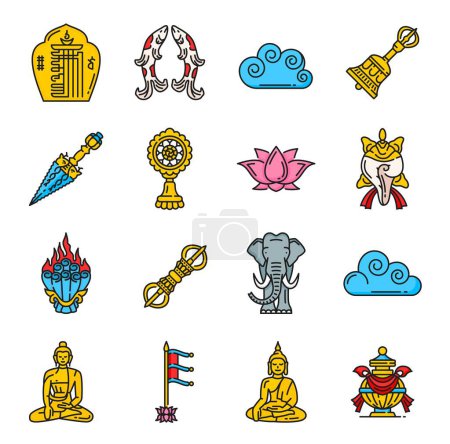 Illustration for Buddhism religion icons and religious symbols of Dharma, vector lotus and Buddha. Tibetan Buddhism religious signs of victory banner, wish granting jewel and sacred elephant with Dharmachakra - Royalty Free Image