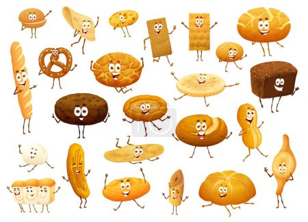 Ilustración de Caricatura aislado pan y panadería personajes divertidos. Vector de productos de pastelería de trigo, pan de centeno, pretzel, bollos, empanada. Personajes de pastelería con caras de sonrisa lindas, elementos de diseño para el menú de café para niños - Imagen libre de derechos