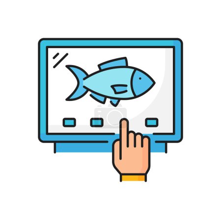 Illustration for Fishing industry frozen fish ordering line icon. Seafood product, frozen fish processing or manufacture, aquaculture production equipment outline vector sign. Fishing industry technology pictogram - Royalty Free Image