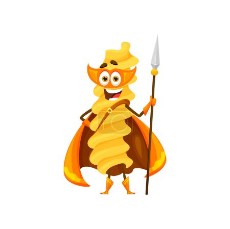 Illustration for Cartoon rotini italian pasta superhero character. Isolated vector funny super hero personage wearing orange cape and mask, ready to save the day with trusty spear, superpowers and cheesy wit - Royalty Free Image
