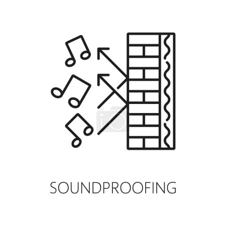 Illustration for Soundproof wall thermal insulation icon. House construction insulation layer cross section scheme, home facade soundproofing and noise protection line vector pictogram with brick wall and music notes - Royalty Free Image
