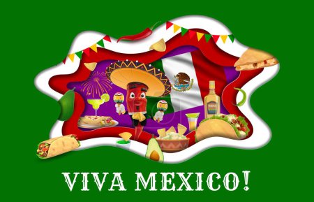 Illustration for Viva mexico paper cut banner with Tex Mex cuisine, chili character and national mexican flag. Mexican food party 3d vector banner with mariachi chili personage, burrito, taco and guacamole meals - Royalty Free Image