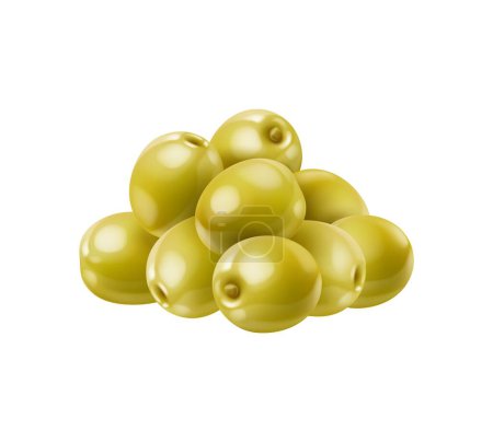 Illustration for Realistic raw green olives stack, isolated vector for extra virgin olive oil. Raw olives, vegetable plant or food snack in realistic 3D on white background for organic salad or pickled product - Royalty Free Image