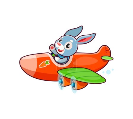 Illustration for Cartoon rabbit animal character on plane or airplane, kid vector animal pilot toy. Cute funny smiling rabbit aviator or pilot flying on toy airplane for kids mascot or adorable cheerful zoo personage - Royalty Free Image