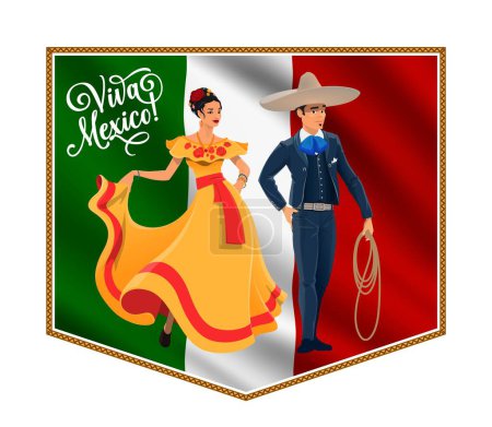 Illustration for Viva Mexico banner with national flag, woman and cowboy charro characters, vector background. Mexico holiday, fiesta celebration and travel banner with people in ethnic costumes in sombrero with lasso - Royalty Free Image