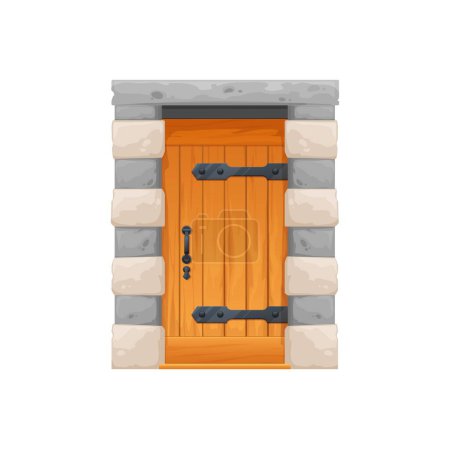 Illustration for Medieval castle wooden door gate with stone arch, cartoon vector doorway entrance. Old dungeon or antique house wood door, fortress or Medieval home cellar gate portal with iron metal handle and lock - Royalty Free Image
