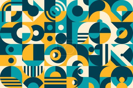 Illustration for Abstract azure, blue and yellow Bauhaus modern geometric pattern. Retro artwork, design layout minimalism vector pattern or business presentation background with Bauhaus color geometrical shapes - Royalty Free Image
