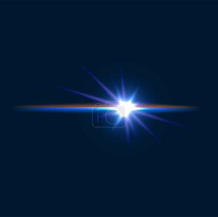 Ilustración de Efecto de destello de luz, resplandor de brillo o haz de destello de estrella, fondo vectorial. Brillante resplandor brillante o destello de lente mágica de explosión de luz estelar o explosión de brillo con rayos, chispa de energía en el cielo espacial - Imagen libre de derechos