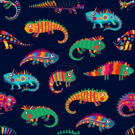 Illustration for Cartoon Mexican iguana lizards characters, vector seamless pattern background. Colorful exotic pattern of iguana lizard animals with Mexican folk ethnic ornament, reptiles in Latin alebrije pattern - Royalty Free Image