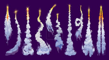 Illustration for Cartoon rocket smoke trail, missile flight path with fire flame or blast jet, vector plane launch effects. Rocket engine smoke trail or cloud steam of spaceship, spacecraft or ballistic rocket - Royalty Free Image