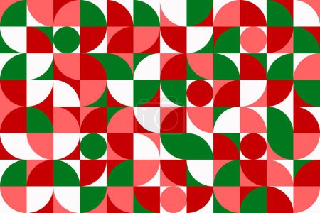Ilustración de Navidad moderna cuadrícula patrón geométrico escandinavo, fondo vectorial. Rojo verde círculo abstracto y formas de color Patrón escandinavo o nórdico sin costura Bauhaus geométrica semi círculos azulejo - Imagen libre de derechos