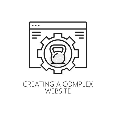Ilustración de Creación de sitio web complejo, icono del sistema de gestión de contenidos CMS, símbolo de contorno de vector de marketing en Internet. Creación de sitios web empresariales de CMS para contenido multimedia y datos digitales, pictograma de línea delgada - Imagen libre de derechos