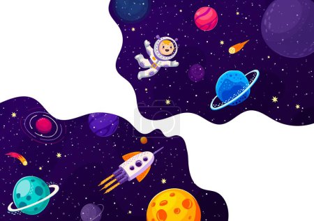 Illustration for Space banner, cartoon astronaut and starship in galaxy space planets, vector background. Kid spaceman and spaceship in outer space, galaxy world with rockets in galactic starry sky and alien planets - Royalty Free Image