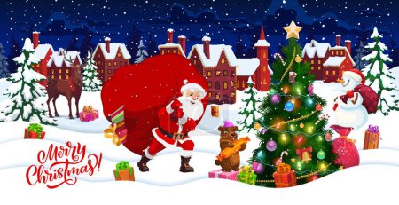 Illustration for Christmas banner with cartoon Santa, holiday pine tree, snowman and winter town. Christmas holiday vector banner with Santa Claus, baby bear and reindeer characters, snowy town, decorated holiday tree - Royalty Free Image