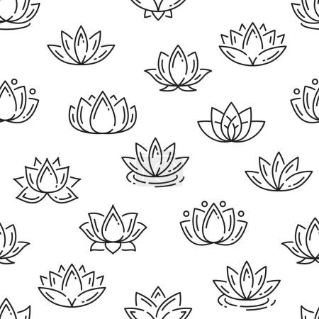 Illustration for Outline lotus flowers seamless pattern background, vector floral blossom petals. Spa, yoga meditation and zen Asian ornament pattern of lotus flowers in black line on white background - Royalty Free Image