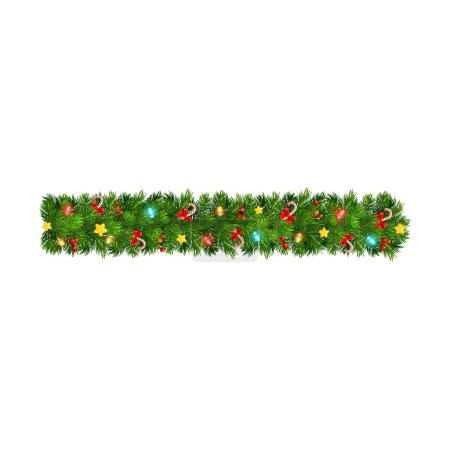 Ilustración de Guirnalda de Navidad con luces de Año Nuevo, y palitos de caramelo de menta. Árbol de Navidad y rama de acebo con estrellas y caramelos, galletas y bayas para el diseño de Navidad - Imagen libre de derechos