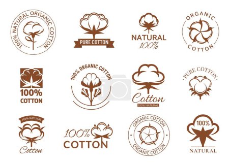 Illustration for Cotton flower icons. Vector organic plants and soft fiber balls in boll. Natural cotton isolated symbols for organic fabric and textile labels, bio material tags for clothing manufacture industry - Royalty Free Image